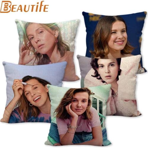 45X45cm Millie Bobby Brown Pillow Cover Square Zipper Cotton Linen Fabric Pillow Cases Bedroom Home Decorative Boys Girls Gift