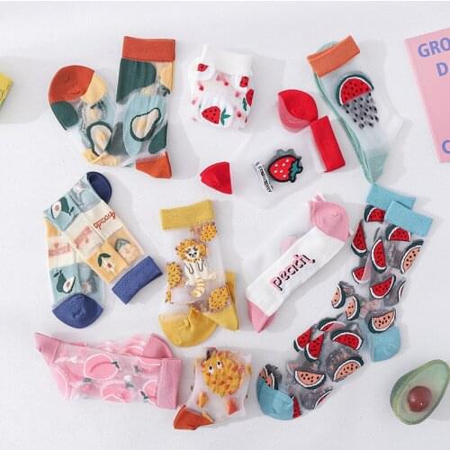 Newest Crystal Silk Tide Socks Gril Women Harajuku Funny Casual Fruit Avocado Pineapple Watermelon Happy Socks High Quality Sox