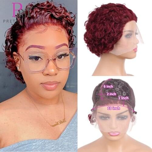 Burgundy Lace Wigs For Women 99J Color Short Curly Bob Pixie Cut Wig Human Hair Bleached Knots Short Side T Part Water Wave Wigs