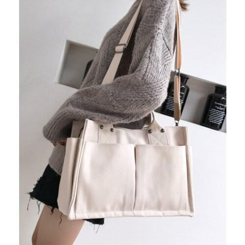 Women Casual Canvas Shoulder Bag Ladies Exterior Pockets Crossbody Bags Solid Thick Cotton Cloth Purses and Handbags For Girls