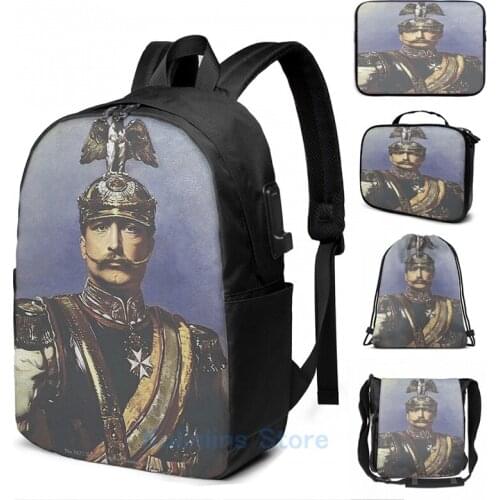 Funny Graphic print Kaiser Wilhelm II with Prussian Royal Guards helmet USB Charge Backpack men School Travel laptop bag