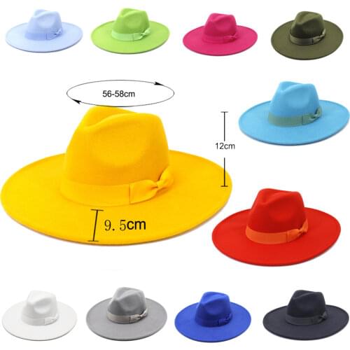 Wide brim 9.5cm woolen jazz hat ladies wine red bowknot fedora hat spring and summer new elegant retro Panama hat wedding hat