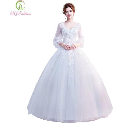 SSYFashion New Wedding Dress The Bride Married V-neck Long Sleeved Lace Flower Beading Floor-length Wedding Gown In Stock