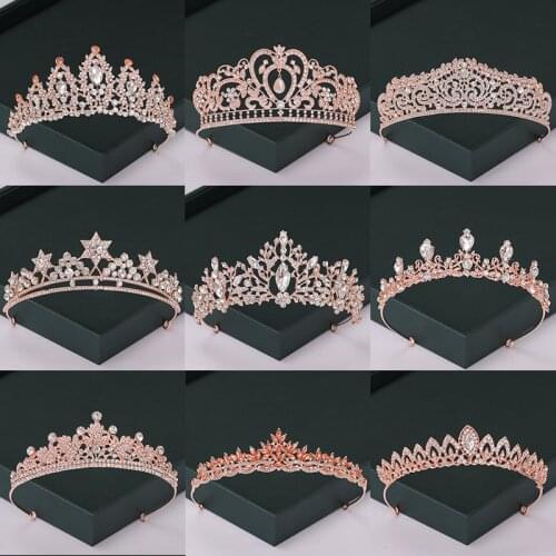 Trendy Rose Gold Color Tiaras And Crowns Pearl Crystal Princess Diadems Hot Sale Queen Wedding Bridal Hair Accessories Headpiece