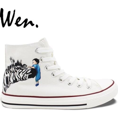 Wen Men Womens Hand Painted Shoes Design Custom Zebra White High Top Canvas Sneakers Animal Graffiti Painting Laced Plimsolls