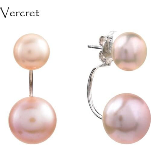 Vercret 8-9mm double front back earrings genuine cultured freshwater pearl earrings for bridal wedding brand jewelry