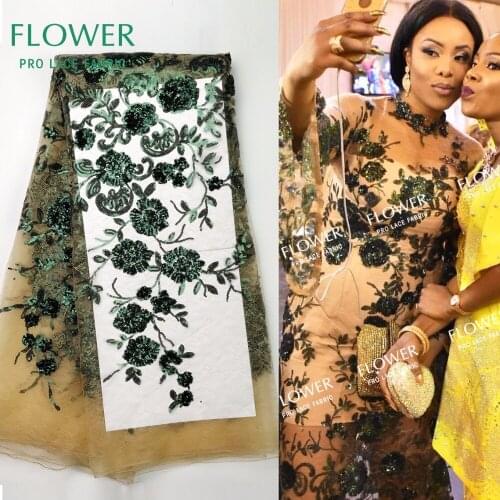 Green Flower Sequined Mesh Tulle Lace Fabric African French 2020 New Style Wedding Net Lace With Sequins For Evening Dress Laces