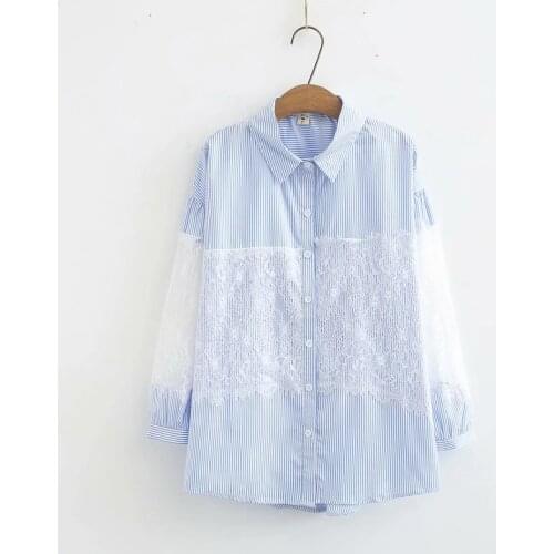 Oversized shirt turn-down collar lace patchwork womens blouses new 2021 sky blue striped spring autumn Womens long sleeve top