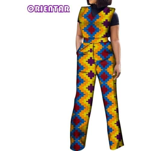 African Jumpsuits for Women Fashion Sleeveless V-Neck African Batik Wax Print Romper Wide Leg Pants Jumpsuits Plus Size WY5458