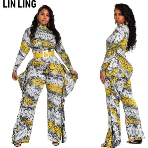 LINLING Commuting Fashion Women Half High Neck Zipper Long Sleeve Floral Printing Ruffle Straight Tube Slim One-Piece Pants