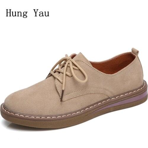 Women Shoes Genuine Leather Casual Oxford Flat Shoes Platform Woman Walking 2018 Autumn Fashion Lace Up Low Heeled Skid