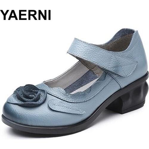 YAERNI Retro Style Handmade Genuine Leather Shoes Woman Thick With Heels Flowers Pumps Round Toe High Heels Women Shoes E534