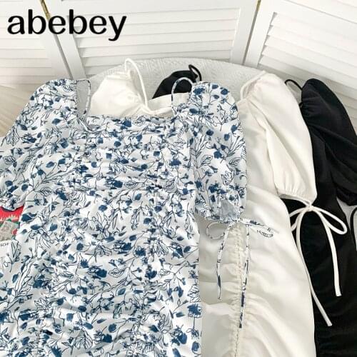 2021 New Summer Sexy All-match off shoulder slash neck puff sleeve Dress drawstring pleated sling short Dress