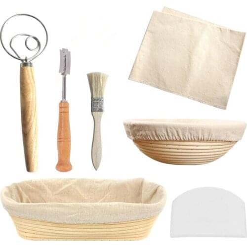 7PCS Rattan Bread Proofing BasketTool Set Natural Round Rattan Wicker Dough Fermentation Sourdough Banneton Bread Basket