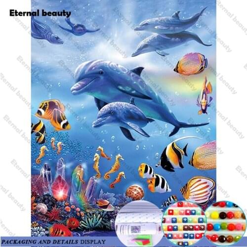 Diamond Painting Dolphin Sea Diamond Embroidery Blue Dolphin with Fishes Full Drill Mosaic Wall Art Rhinestones Paintings