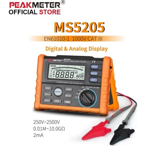 OFFCIAL PEAKMETER Analog and Digital 2500V MS5205 Insulation Resistance Tester megger meter 0.01~100G Ohm with Multimeter
