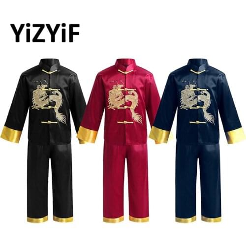 Kids Traditional Chinese Embroidery Dragon Kung Fu Outfit Tang Suit Satin for Boys tai chi Martial Art Shaolin Wing Chun Costume
