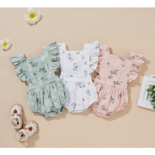 FOCUSNORM 3 Colors Summer Baby Girls Rompers Floral Printed Ruffles Short Sleeve Backless Jumpsuits 0-18M