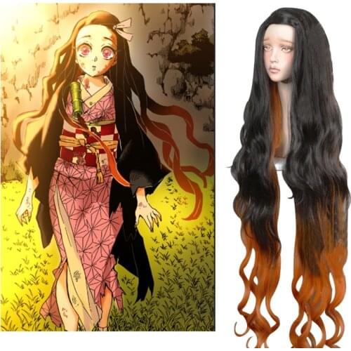 Kamado Nezuko Cosplay Wig Blade of Demon Slayer Kimetsu no Yaiba Halloween Anime 100cm Long Curly Hair Mixed Black Brown + Cap