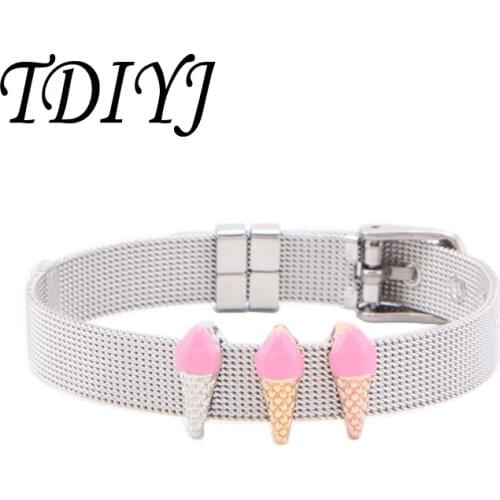 TDIYJ Summer Keeper Bracelet Set Stainless Steel Mesh Bracelet with Pink Ice Cream Keeper Charms for Women Jewelry 1 Set