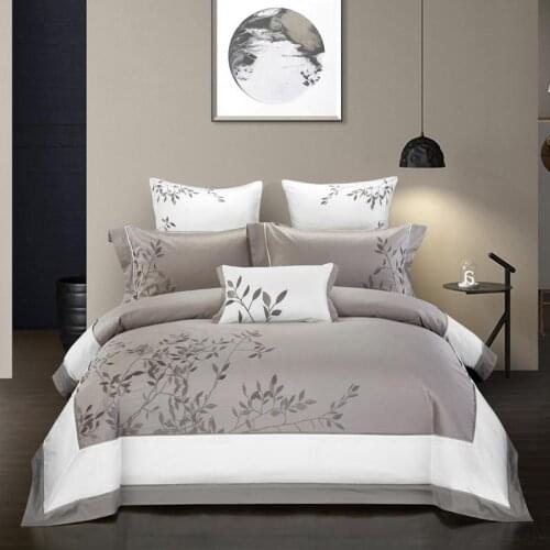 40Embroidery Chinoiserie style Duvet Quilt Cover Grey Leaves Comforter Cover Queen King 4Pcs Bedding set Bed sheets Fitted sheet