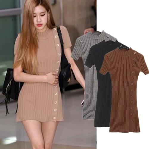 Kpop Korean Celebrity summer high collar side buckle tight knitting bag hip dress women korean sexy short-sleeve girl dresses