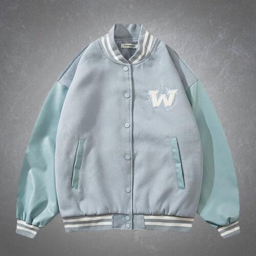 New Letter W Embroidery Patchwork PU Leather Sleeve Bomber Baseball Jakcets Mens Harajuku Stand-up Collar Loose Outcoats Couples