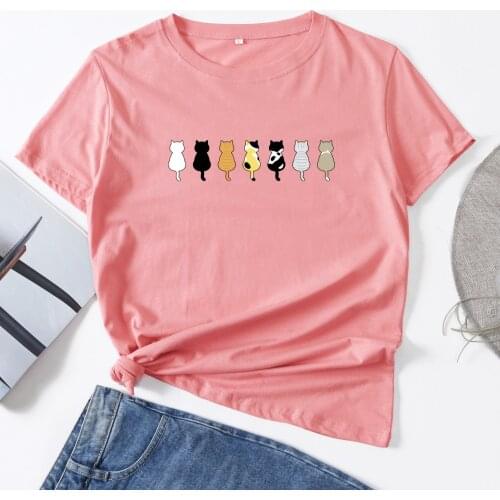 Cute Cats Pet Print Animal Lovers Summer Women Crew Neck Short Sleeve Cotton T-Shirt Top Female Clothes Graphic Tee Shirt Tops