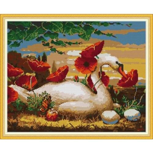 Joy Sunday Swans Among The Flowers Pattern Counted Cross-stitch-kit 11CT 14CT DIY Needlework,Sets for Embroidery Kit Canvas Aida