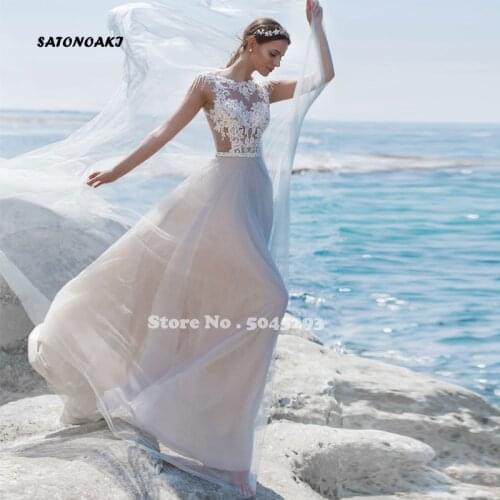 Beach Charming Wedding Dresses for Women 2021 Illusion Appliques Sleeveless Backless A-Line Bridal Gowns Robe De Mariée Vestidos
