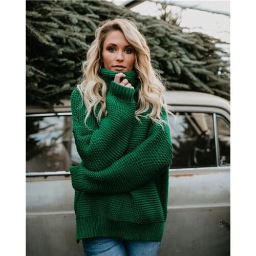Autumn Winter Turtleneck Sweater Women Thick Solid Green Knitted Sweaters Oversized Warm Long Sleeve Loose Pullovers Tops