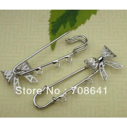 20x20mm Blank Metal Kilt Pins Bases Filigree Bowknot Brooches Pins with 3 Loops Safety-pin DIY Settings Multi-color Plated