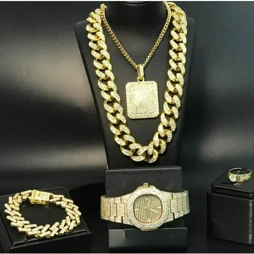 Luxury Gold Silver Color Men Watch & Necklace & Pendant & Bracelet & Ring Combo Set Ice Out Cuban Necklace Chain Hip Hop For Men