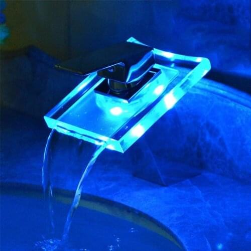 LED Basin Faucet Brass Waterfall Temperature Colors Change Bathroom Mixer Tap Deck Mounted Wash Sink Glass Taps