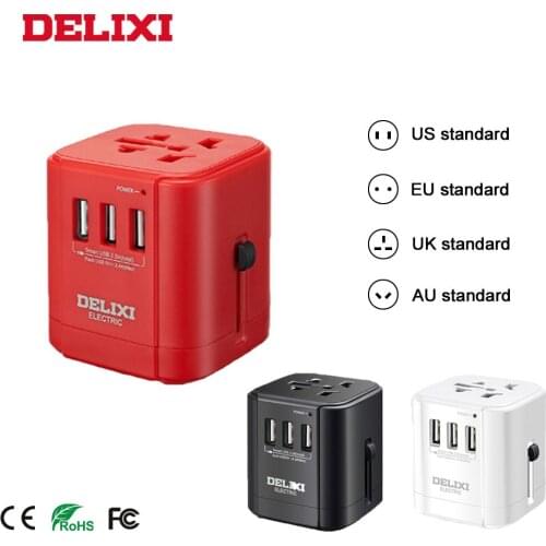DELIXI Universal Travel adapter All-in-one with 6.3A 3 USB Worldwide power outlet Wall Charger for US/EU/AU/UK