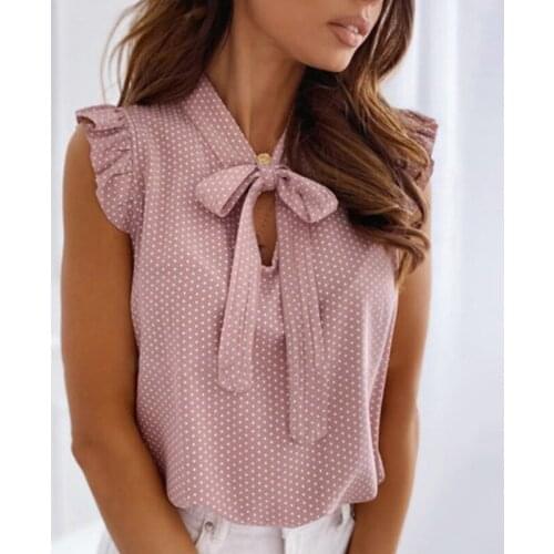 Hot Summer Ruffle Female Elegant T-Shirt Sleeveless Top Office Women Butterfly Bow Tie Feminine Clothing Dot Neck Tank Tops New