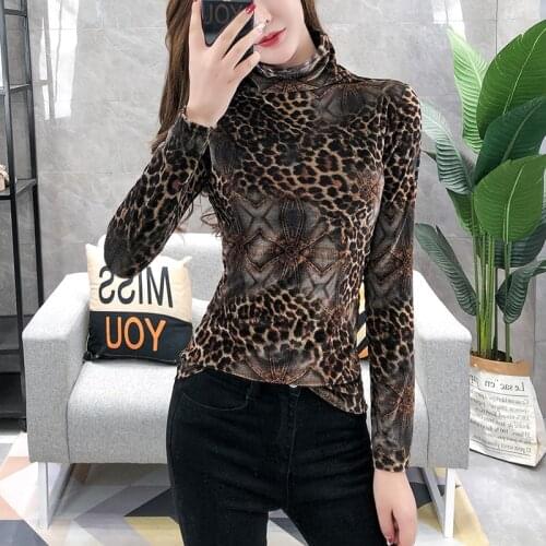 2020 autumn winter womens turtleneck pullover velvet tops bright slik long sleeve female t-shirt streetwear leopard print tshirt