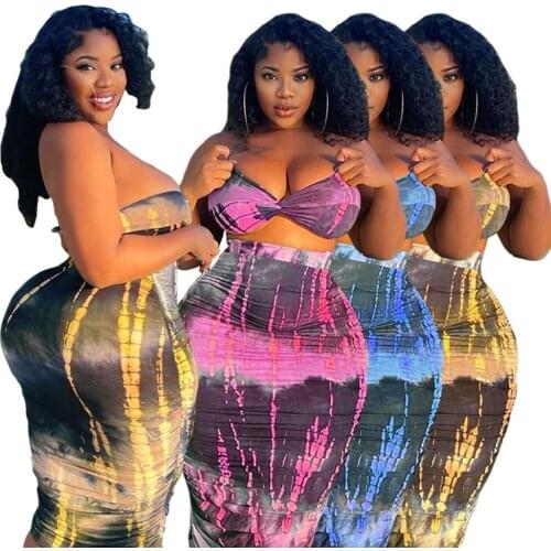 New Fashion Plus Size Womens Tie-Dye Fashion Bag Hip Tube Top Sexy Midi Skirt Two-Piece Suit