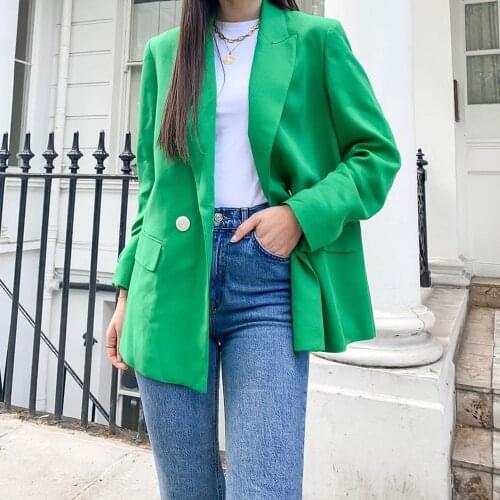 XEASY 2021 Women Elegant Green Notched Long Sleeve Suit Female Vintage Loose Office Lady Double Breasted Blazer Casual Tops
