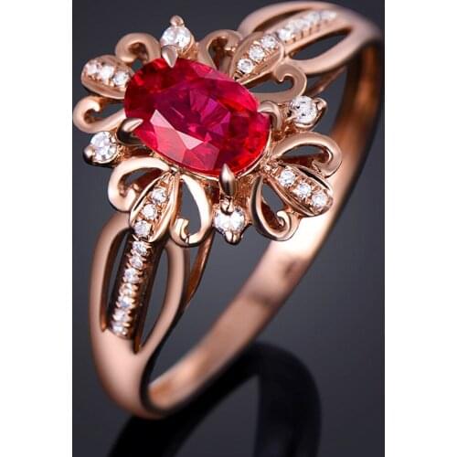 Flower shape ruby gemstone red crystal rings for women zircon diamond rose gold color jewelry bijoux gifts vintage fashion bague