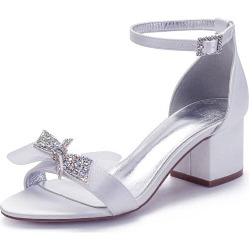 Mid Heels Satin Rhinestones Wedding Sandals Shoe for Bride Block Heel Open Toe Prom Evening Formal Party Dress Sandals Summer
