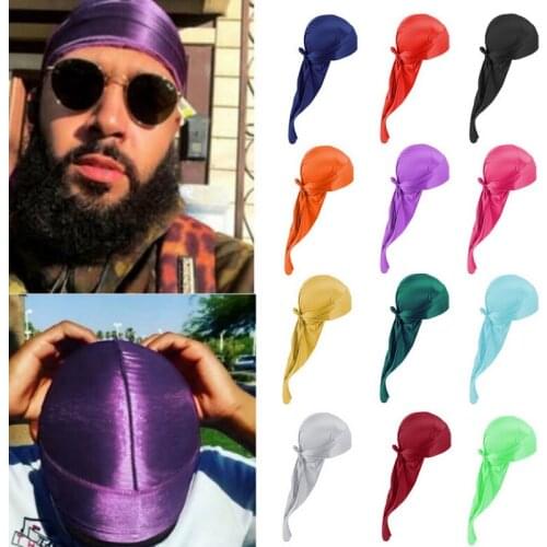 Satin Men Stretchy Cap Hip Hop Du Doo Rag Durag Wigs Turban Bandana Headwear Solid Color Long Hat Tie Women Down Tail 14 Colors