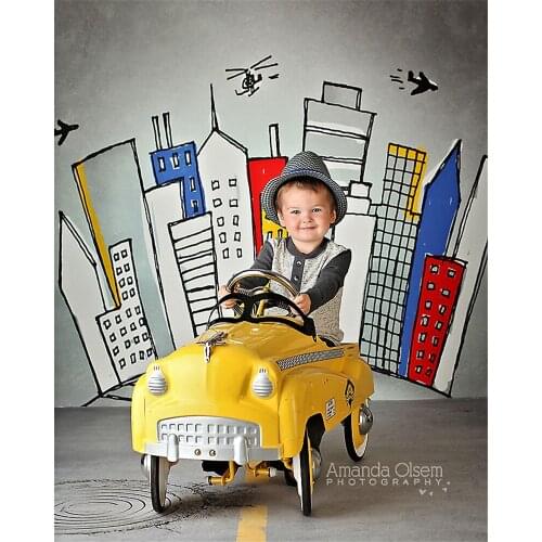 White Wall Cartoon Big City Backdrops for Photography 5x7ft Digital Printed Photo Studio Background Newborn Kids Birthday Props