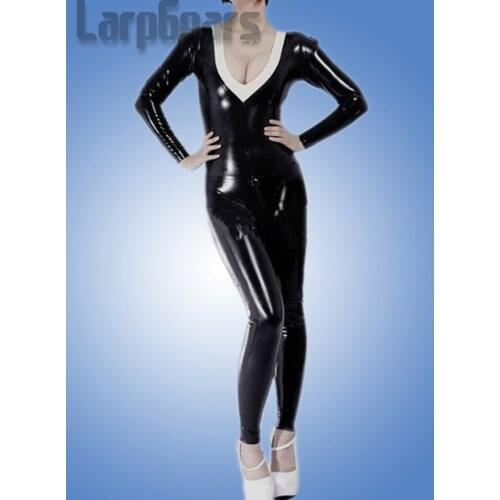 Black with white latex catsuit v-neck sexy bodysuits for female hot sale