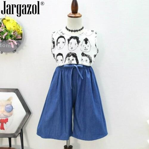 Girls Suits 2019 Summer Style Kids Sleeveless Cotton Shirt and Wide Pants Children O-neck Clothing Suit 2Pcs Clothes