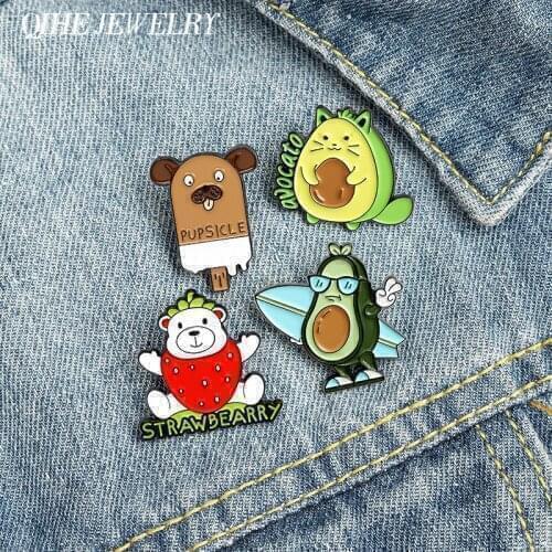QIHE Jewelry Animal Form Fruit Enamel Pins Avocado Strawberry Brooches Badges Fashion Cute Pin Gifts for Friends Wholesale