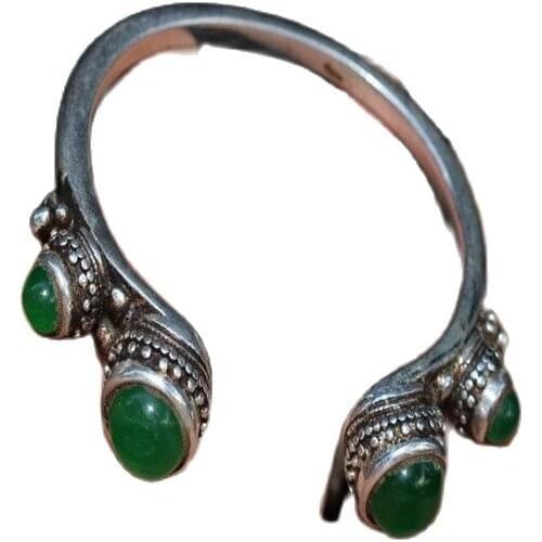 China Old Tibetan Silver Inlaid Ice Jade Bracelet