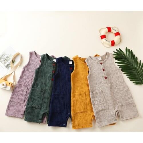 New Baby Girl Boy Clothes Sleeveless Single Breasted Solid Pocket Baby Romper Cotton Casual Soft Summer Home Baby Clothing 3-18M