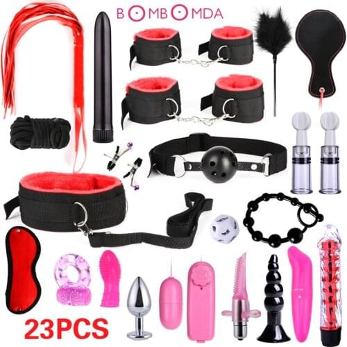 BDSM Bondage Set Handcuffs Ankle Cuffs Whip Vibrator Anal Plug Gag Rope Blindfold Accessories Erotic Sex Toys for Adults Couple