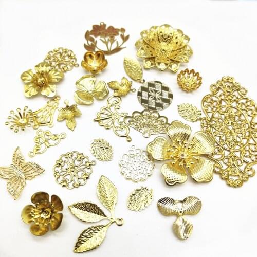 30 PCS Mixed Metal Brass Filigree Leaf Flowers Base Settings DIY Handmade Accessories For Jewelry Making